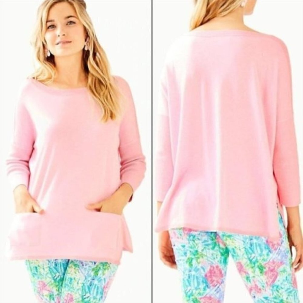 Lilly Pulitzer Cobo Sweater S Pink Glitter Sleeve Boatneck Front Pockets Preppy